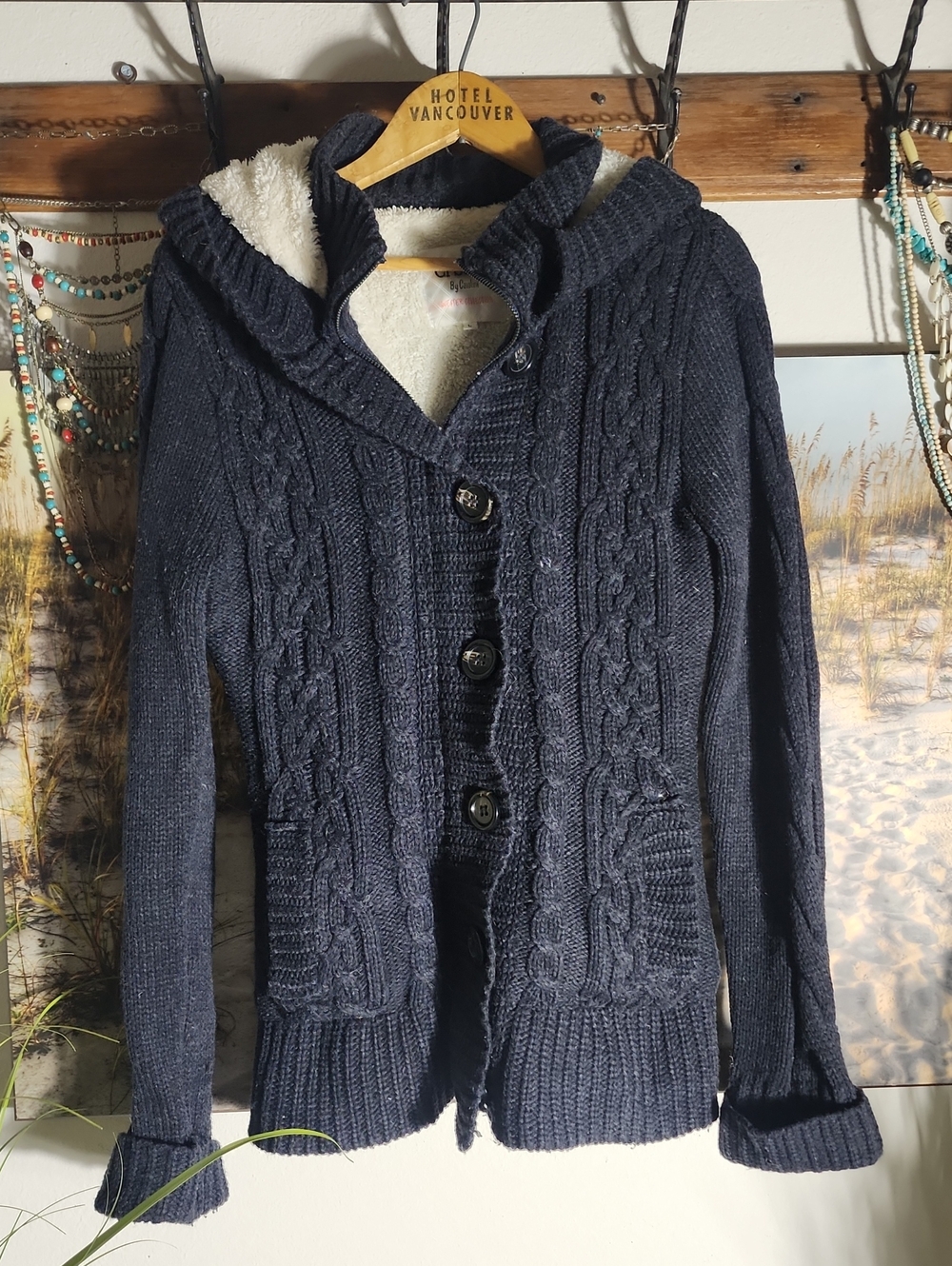 CI SONO Cozy Hooded Cable-Knit Cardigan - Navy/black